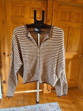 Striped Brown and Cream Button-Front Women's Cardigan Sweater